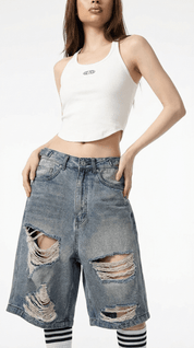 SHREDDED DENIM SHORTS / BLUE - Pulse