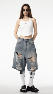 SHREDDED DENIM SHORTS / BLUE - Pulse