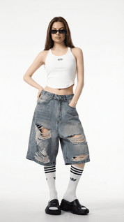 SHREDDED DENIM SHORTS / BLUE - Pulse