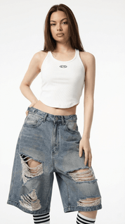 SHREDDED DENIM SHORTS / BLUE - Pulse